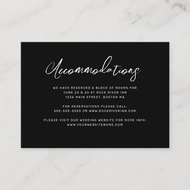 Modern Black White Script Wedding Accommodations Enclosure Card (Front)