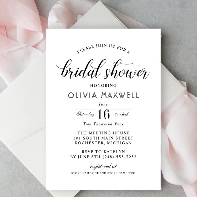 Modern Black White Script Wedding Bridal Shower Invitation (Creator Uploaded)