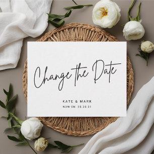 Modern Black White Script Wedding Change the Date Postcard