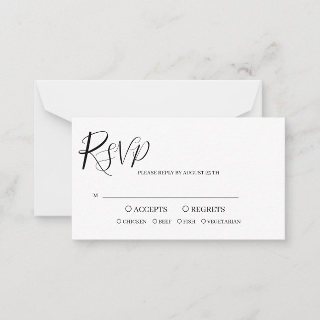 Modern Black White Script Wedding Reply Note Card (Front)