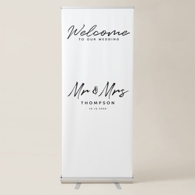 Modern Black White Script  Wedding Welcome Sign (Front)