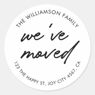 Modern Black White Script We've Moved Address Classic Round Sticker
