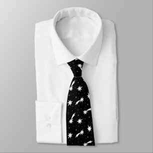 Modern Black White Shooting Star Pattern Neck Tie