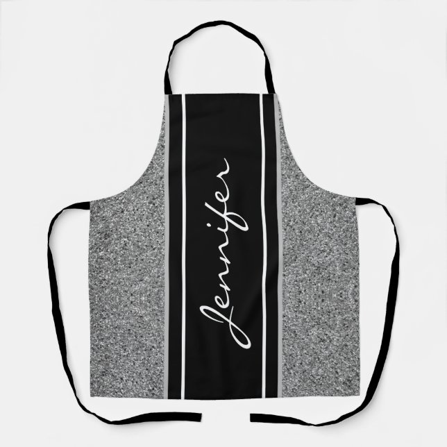 Modern Black White Silver Glitter Personalised Apron (Front)
