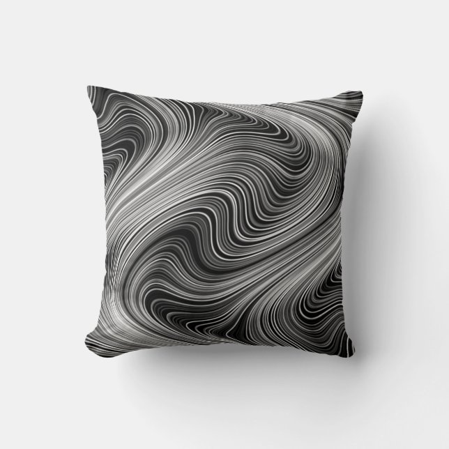 Modern Black White Silver Grey Curvy Lines Cushion (Front)