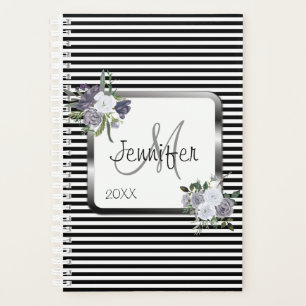 Modern Black White Silver Monogram Personalise Planner