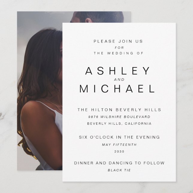 MODERN BLACK & WHITE Simple Photo Wedding Invitation (Front/Back)