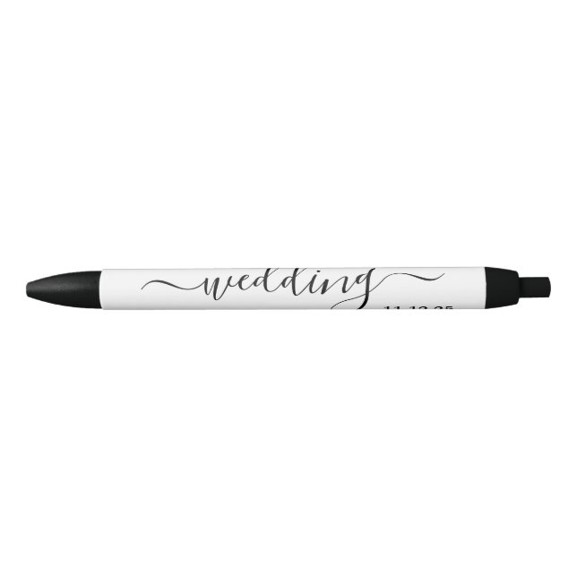 Modern Black & White Simple Script Wedding Favour Black Ink Pen (Front)