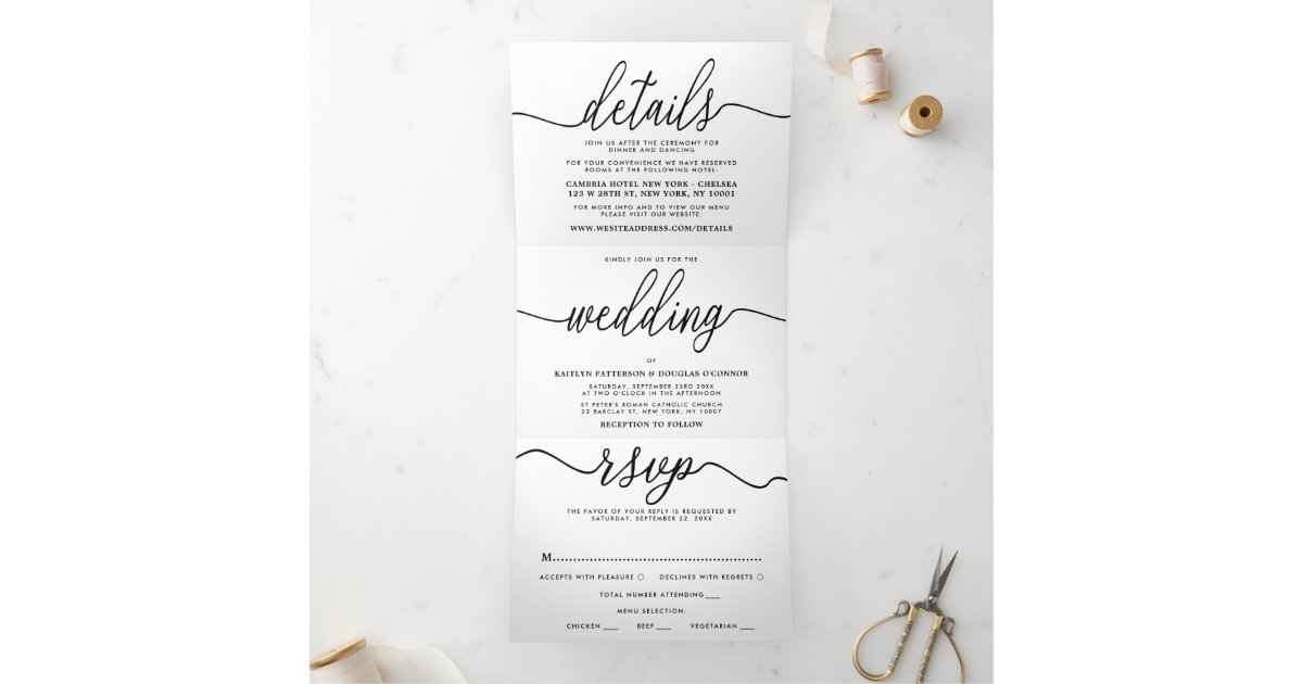 Modern Black & White Simple Script Wedding Suite Tri-Fold Invitation ...