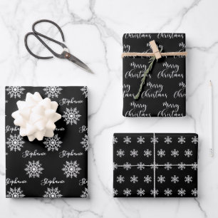 Modern Black White Snowflakes, Merry Christmas Wrapping Paper Sheet