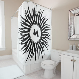 Modern Black White Spiral Monogram Personalise Shower Curtain