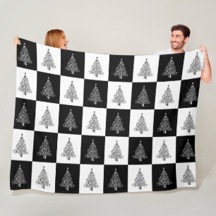 Modern Black & White Squares With Christmas Trees Fleece Blanket