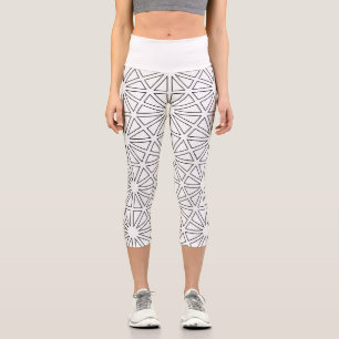 Modern Black & White Starburst Geometric Pattern Capri Leggings
