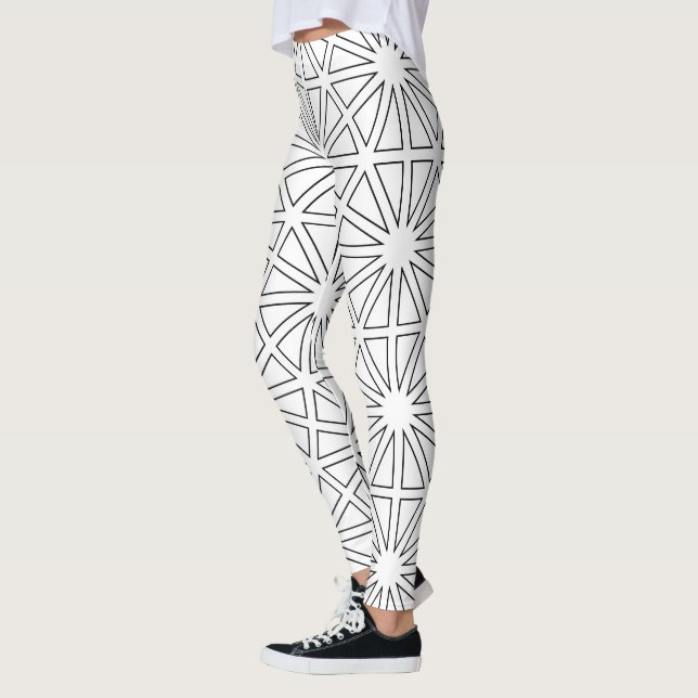 Modern Black & White Starburst Geometric Pattern  Leggings (Left)