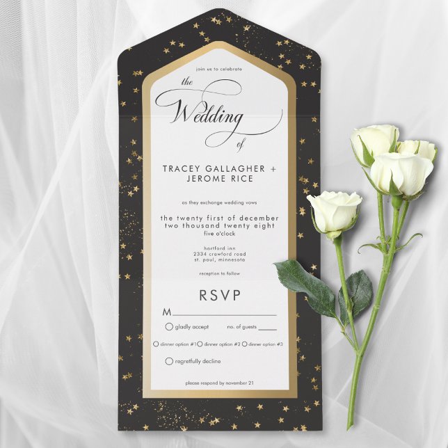 Modern Black & White Starry Gold Dinner All In One Invitation (Modern Black & White Starry Gold All In One Wedding Invitation with Dinner Options)