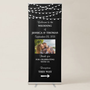 Modern Black & White String Lights Wedding Welcome Retractable Banner
