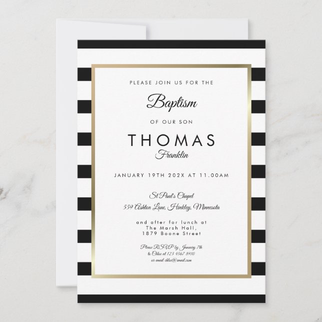 Modern Black White Stripe Baptism Christening Invitation (Front)