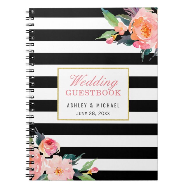 Modern Black White Stripe Floral Wedding Guestbook Notebook (Front)