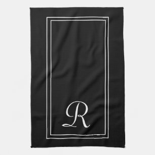 Modern Black & White Stripe Monogram Personalised  Tea Towel
