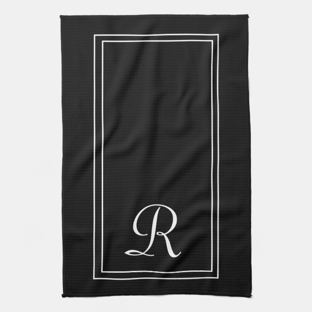 Modern Black & White Stripe Monogram Personalised  Tea Towel (Vertical)