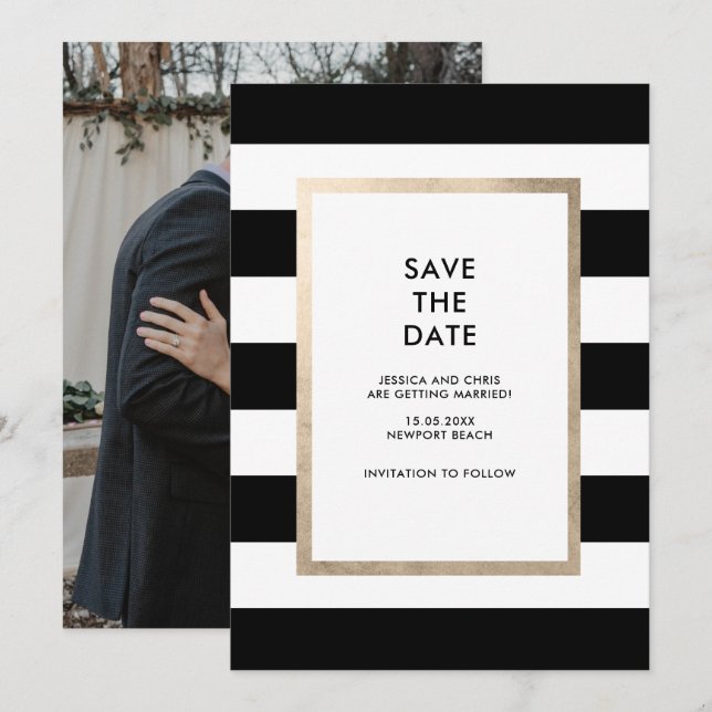 Modern Black White Stripe Rose Gold Foil Photo Invitation (Front/Back)