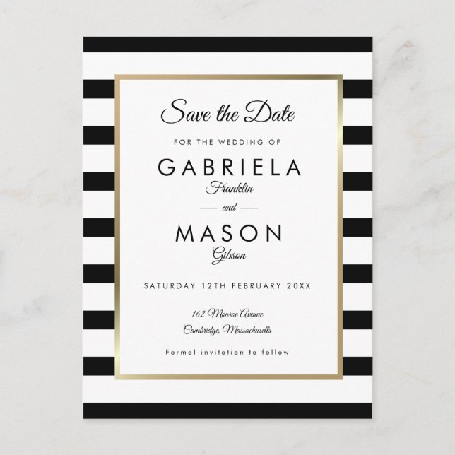 Modern Black White Stripe Wedding Save the Date Announcement Postcard (Front)