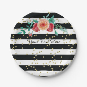 Modern Black White Striped Gold Paper Plates