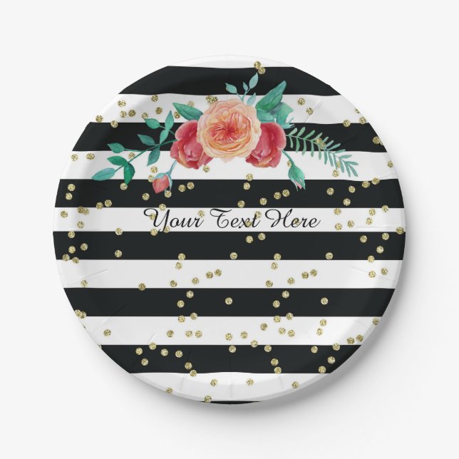 Modern Black White Striped Gold Paper Plates (Front)