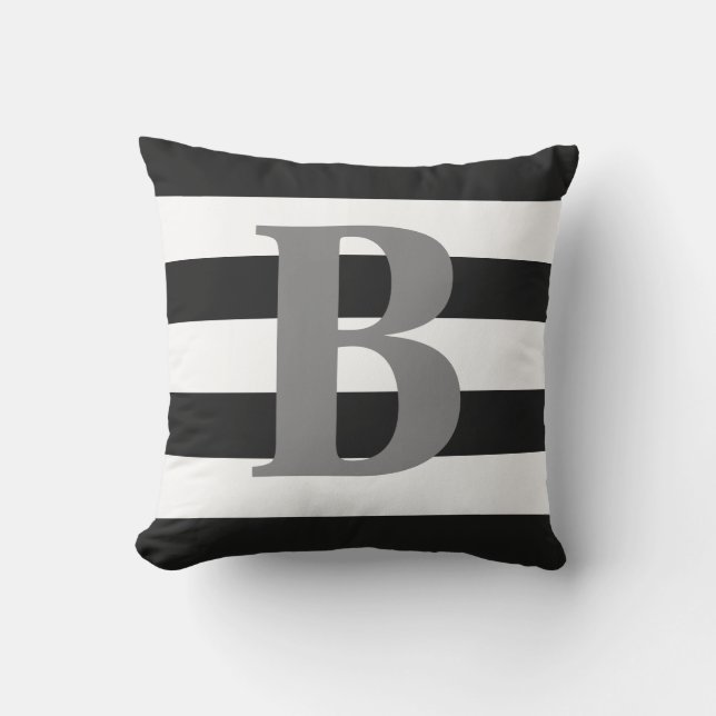 Modern Black White Striped Pattern Grey Monogram Cushion (Front)