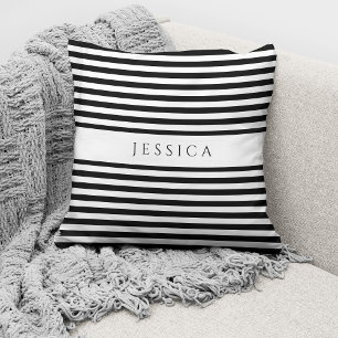 Modern Black & White Striped Pattern Name Cushion