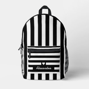 Modern Black White Striped Pattern with Heart Printed Backpack