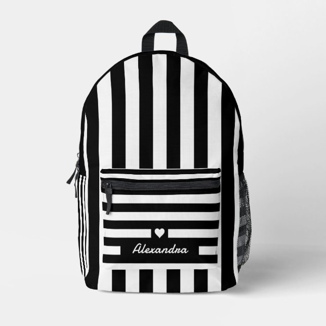 Modern Black White Striped Pattern with Heart Printed Backpack (Front)