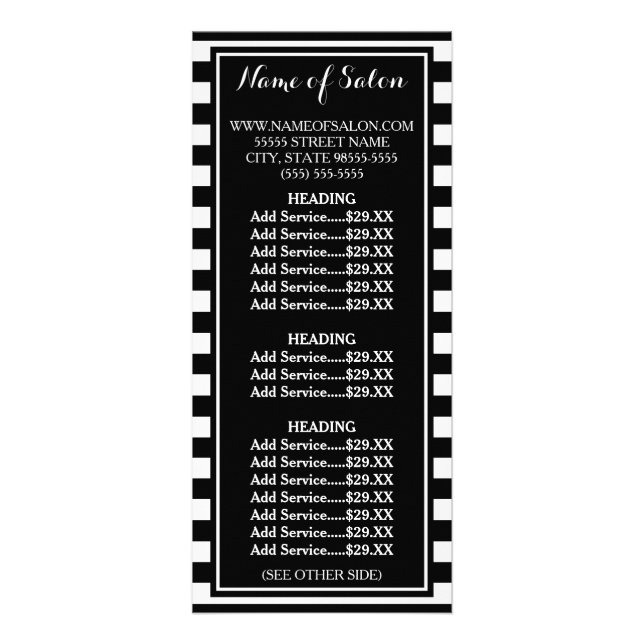 Modern Black White Stripes Beauty Salon Price List Rack Card (Front)