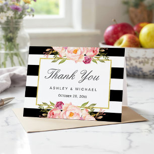 Modern Black White Stripes Classy Floral Thank You Card