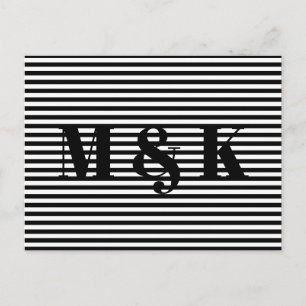 Modern black white stripes custom couple initials postcard