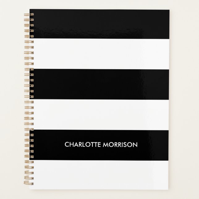 Modern black white stripes custom name monogram  planner (Front)