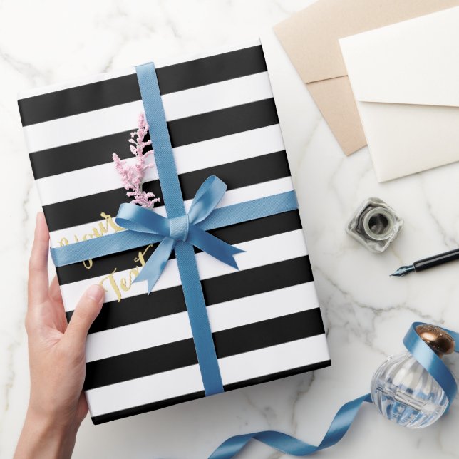 Modern Black White Stripes Elegant Gold Text Gift Wrapping Paper (Gifting)