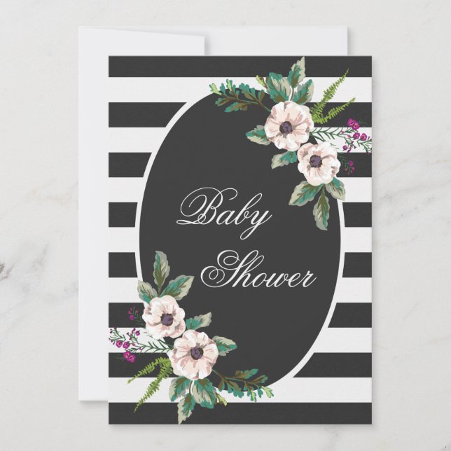 Modern Black White Stripes Floral Baby Shower Invitation (Front)