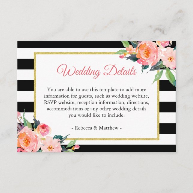 Modern Black White Stripes Floral Wedding Details Enclosure Card (Front)
