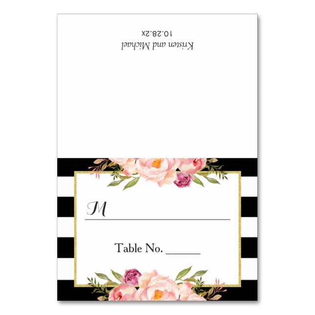 Modern Black White Stripes Floral Wedding Place Table Number (Front)