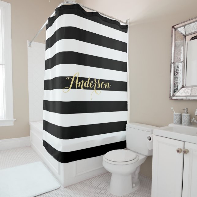 Modern Black White Stripes Gold Family Name Bath Shower Curtain (In Situ)