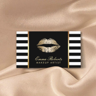 Modern Black White Stripes Gold Lips Makeup Artist Business Card