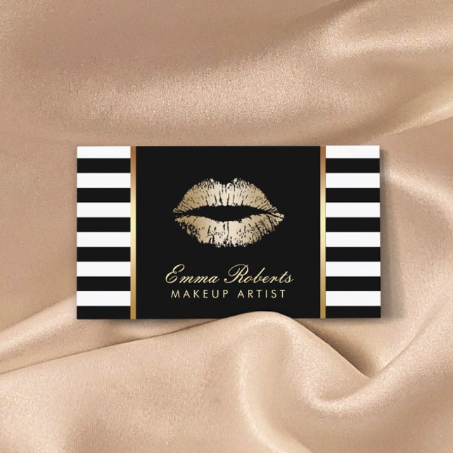 Modern Black White Stripes Gold Lips Makeup Artist Business Card (Creator Uploaded)