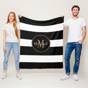 Modern Black White Stripes Gold Monogramed Name Fleece Blanket