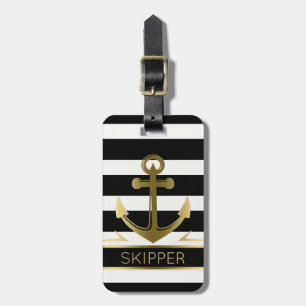 Modern Black White Stripes Gold Nautical Anchor Luggage Tag