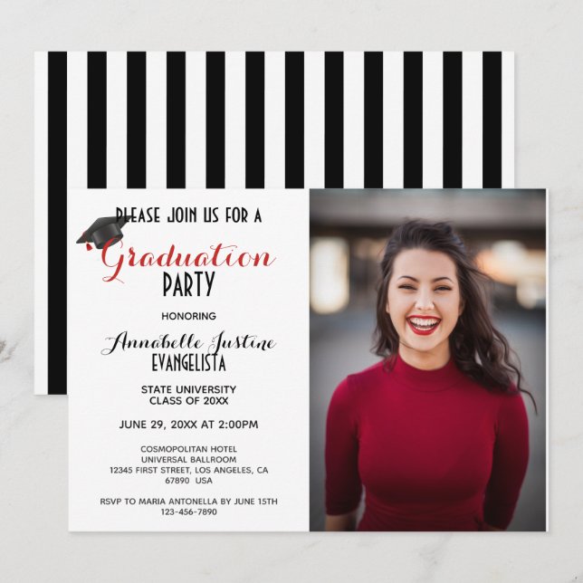 Modern Black & White Stripes Graduation Invitation (Front/Back)