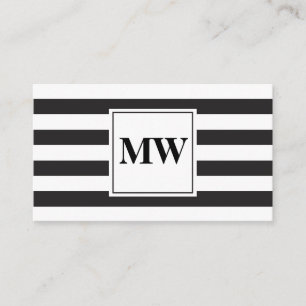 Modern Black White Stripes Monogram Business Card