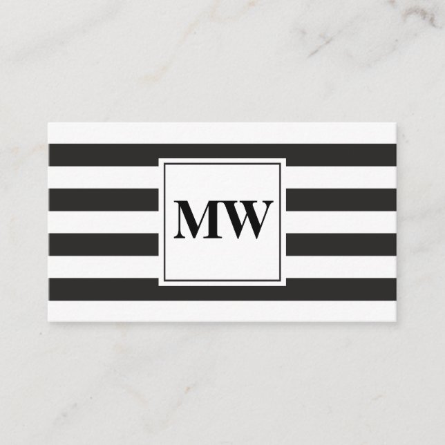 Modern Black White Stripes Monogram Business Card (Front)