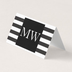 Modern Black White Stripes Monogram Business Card
