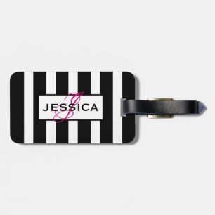 Modern Black & White Stripes Monogram Luggage Tag
